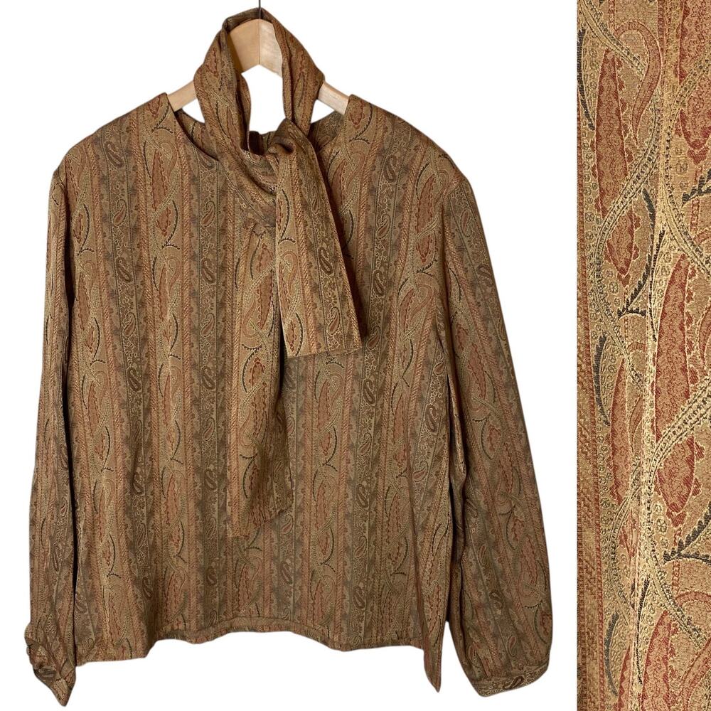 Vintage Lilli Ann Paisley Blouse Top size 14‎ Beige with Scarf NEW